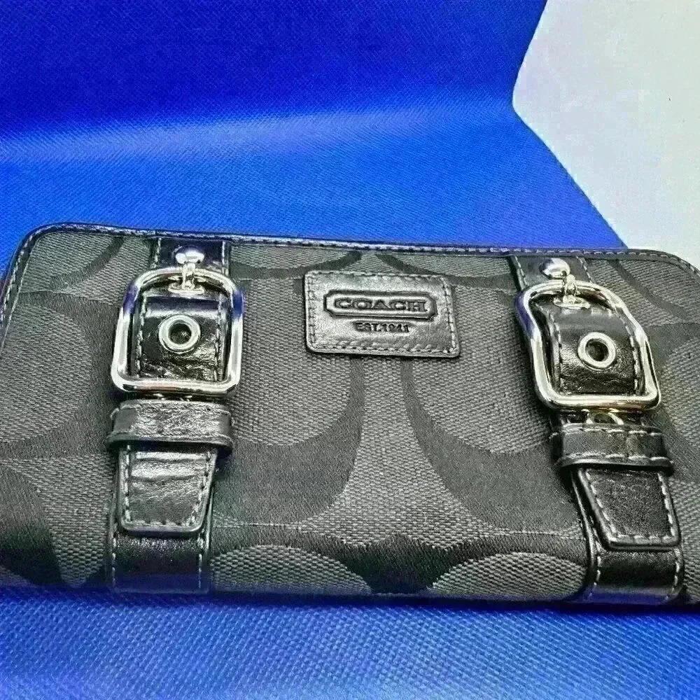 COACH SoHo Zoe Double Buckle Zip Around Clutch Wallet in Black Leather